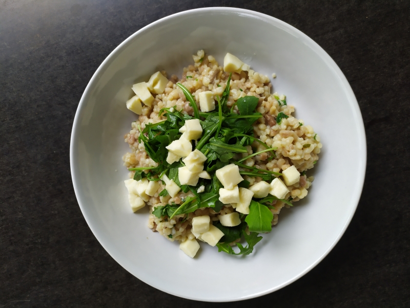 Erdeigombás tarhonyarizotto mozzarellával